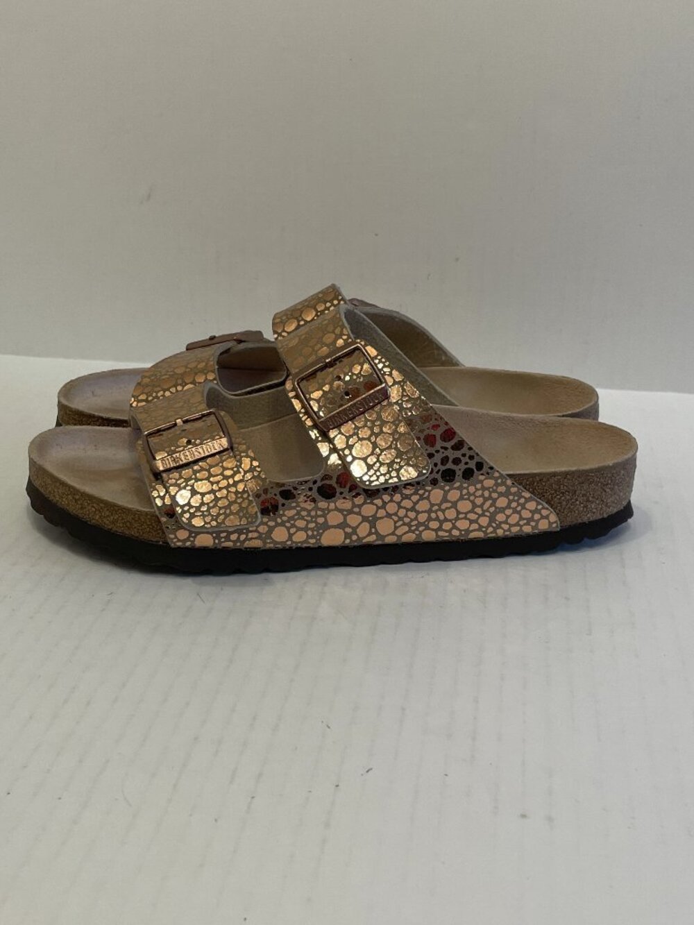 Birkenstock Sandals Womens Sz 41 or 10 Gold Two Buckle Adjustable Slide Cork